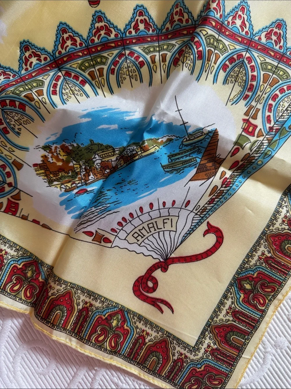 Napoli Souvenir Silk Scarf in Cream, Blue & Red